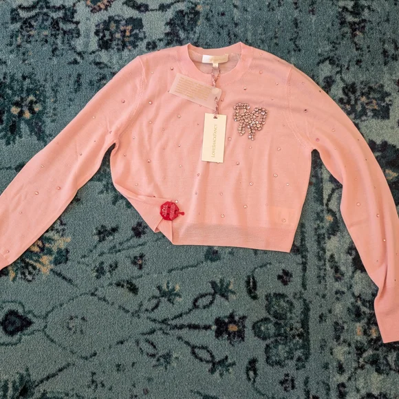NWT LoveShackFancy Pink Cropped Sweater with Embellished Bow - Picture 2 of 9